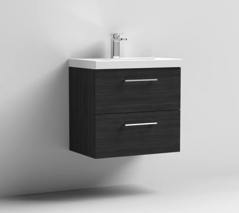 Nuie Arno Charcoal Black 600mm Wall Hung 2 Drawer Vanity Unit & Basin